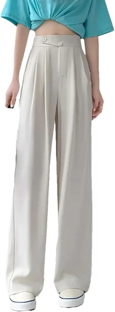 Women High Waist Office Suit Pants Solid Button Pockets Loose Casual Wide Leg Trousers