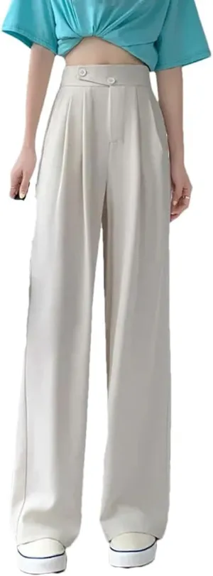 Women High Waist Office Suit Pants Solid Button Pockets Loose Casual Wide Leg Trousers
