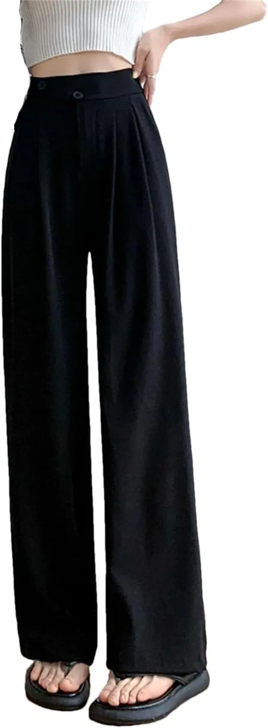 Women High Waist Office Suit Pants Solid Button Pockets Loose Casual Wide Leg Trousers