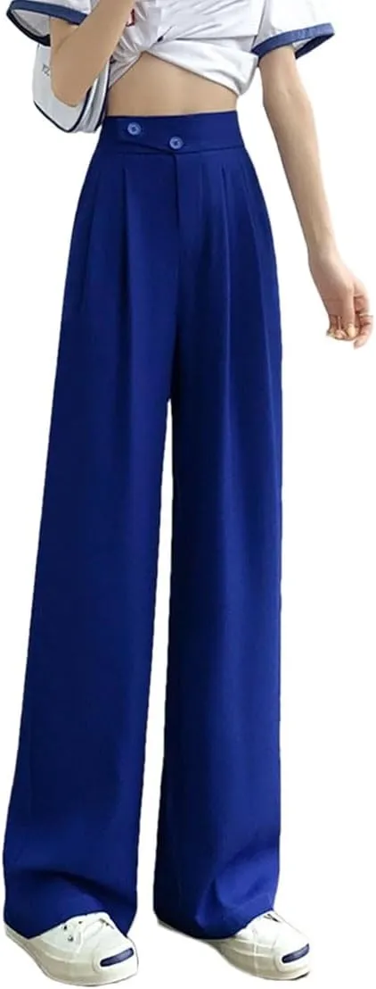 Women High Waist Office Suit Pants Solid Button Pockets Loose Casual Wide Leg Trousers