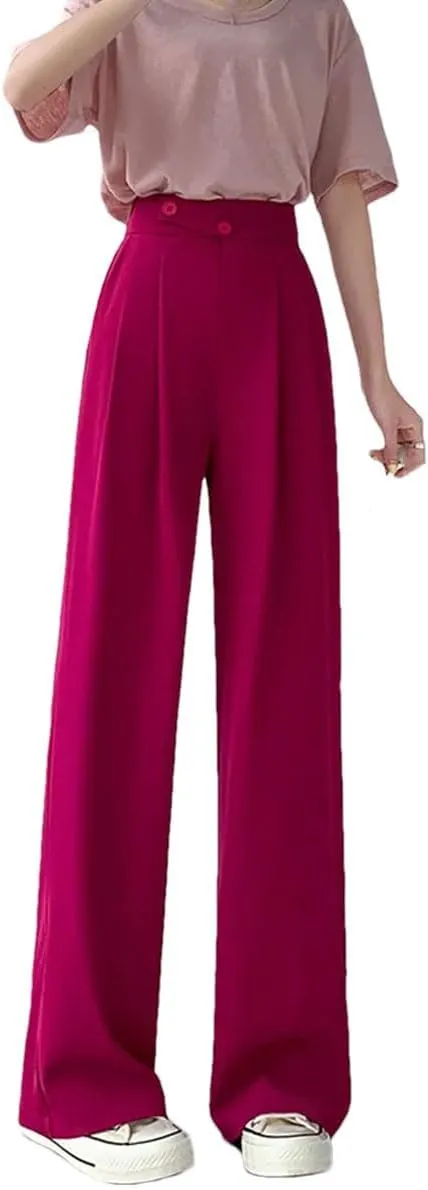 Women High Waist Office Suit Pants Solid Button Pockets Loose Casual Wide Leg Trousers