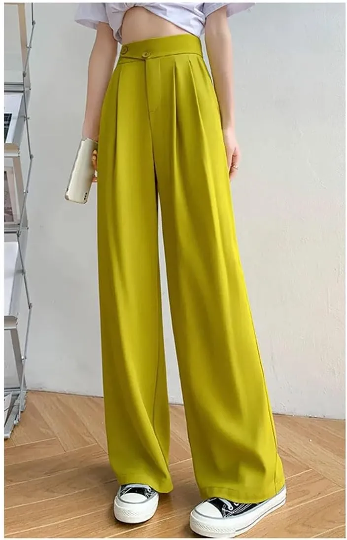 Women High Waist Office Suit Pants Solid Button Pockets Loose Casual Wide Leg Trousers
