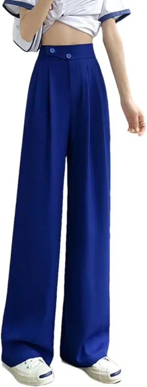 Women High Waist Office Suit Pants Solid Button Pockets Loose Casual Wide Leg Trousers