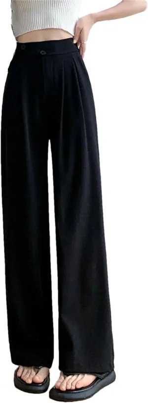 Women High Waist Office Suit Pants Solid Button Pockets Loose Casual Wide Leg Trousers