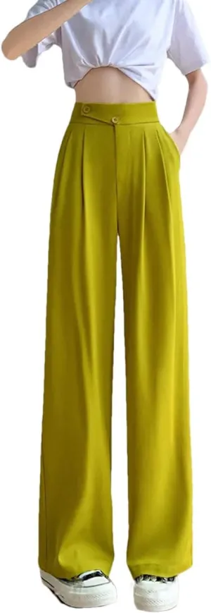 Women High Waist Office Suit Pants Solid Button Pockets Loose Casual Wide Leg Trousers
