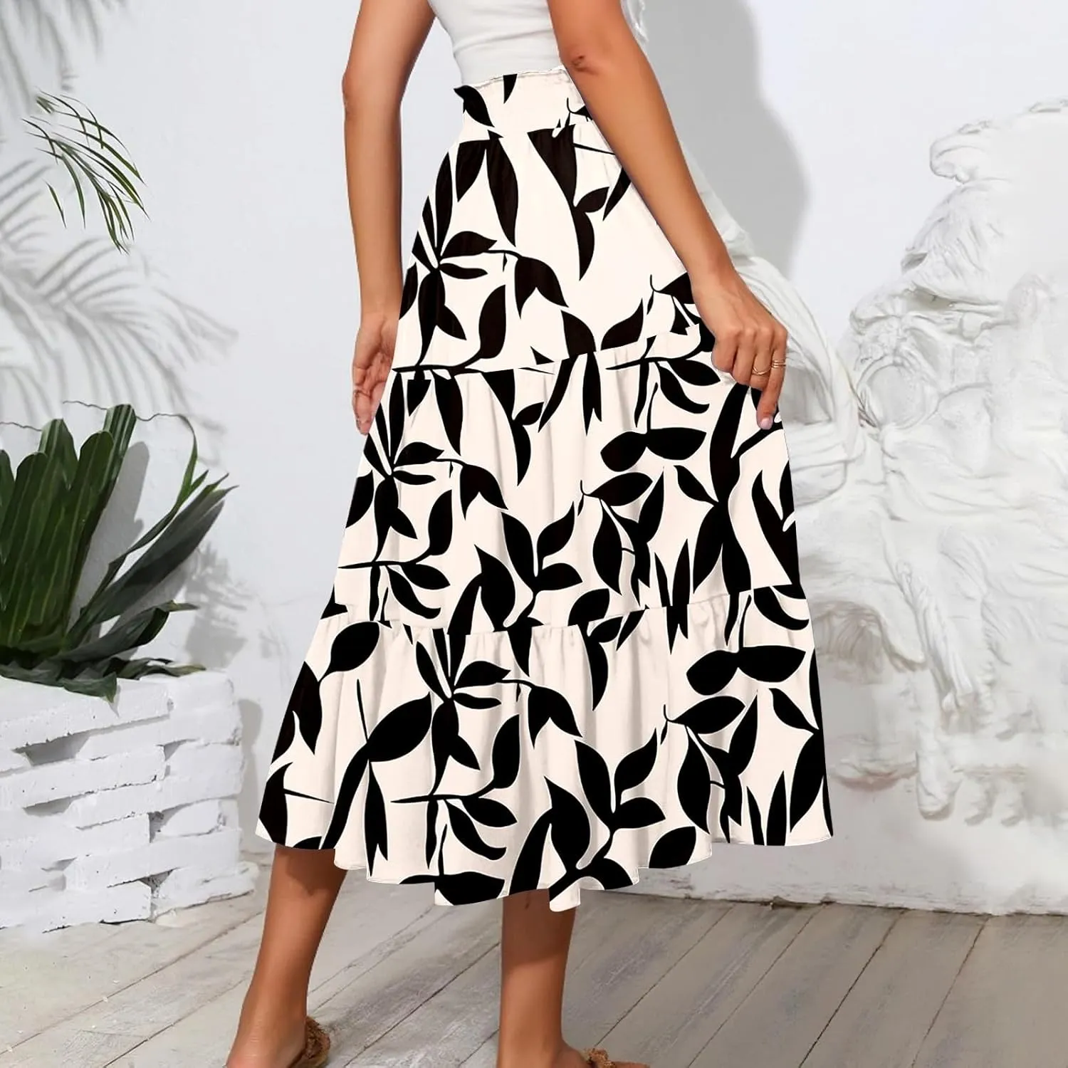 Women High Waisted Boho Floral Flowy Midi Skirt 2025 Trendy Summer Fall Casual Pleated A Line Cute Print Long Skirts