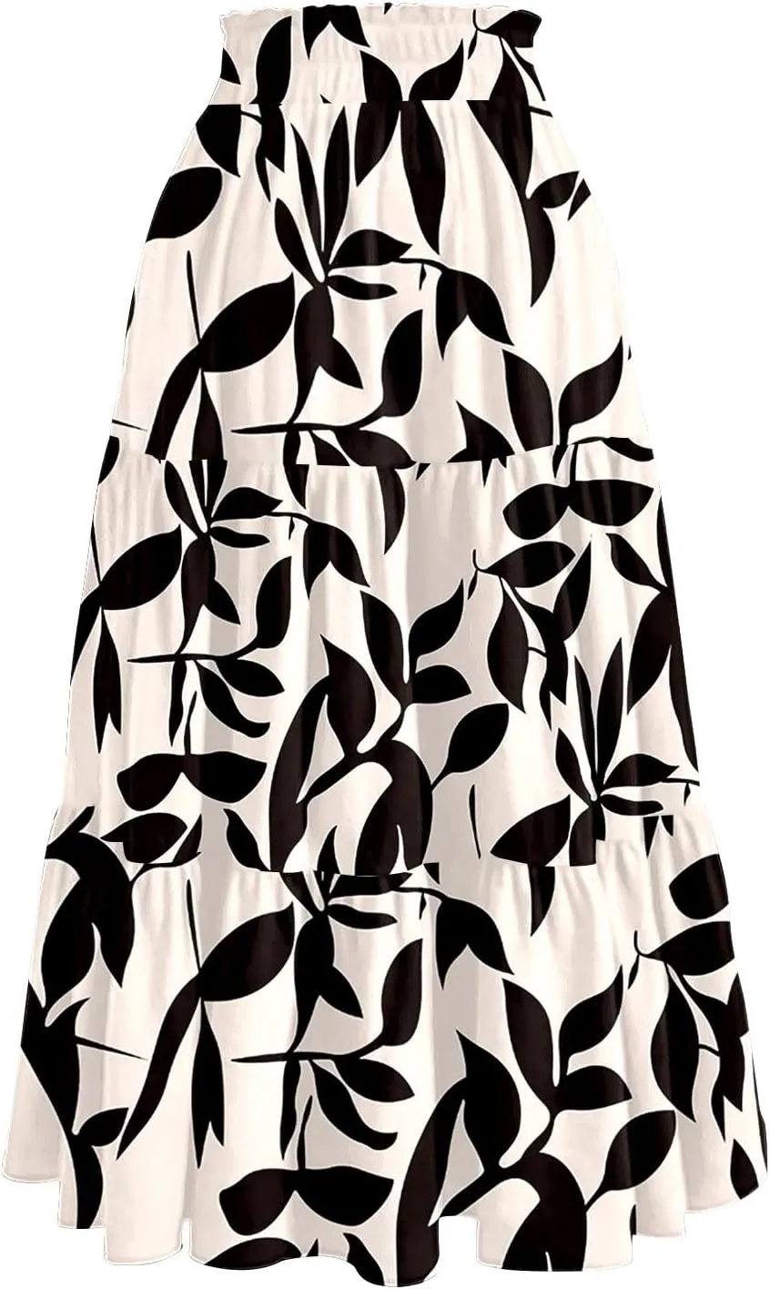 Women High Waisted Boho Floral Flowy Midi Skirt 2025 Trendy Summer Fall Casual Pleated A Line Cute Print Long Skirts