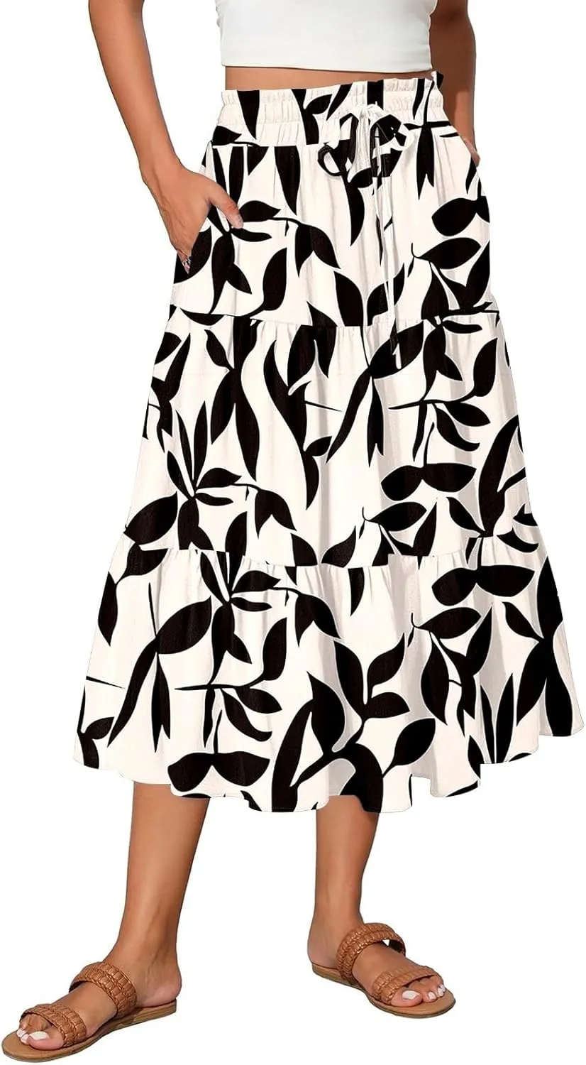 Women High Waisted Boho Floral Flowy Midi Skirt 2025 Trendy Summer Fall Casual Pleated A Line Cute Print Long Skirts