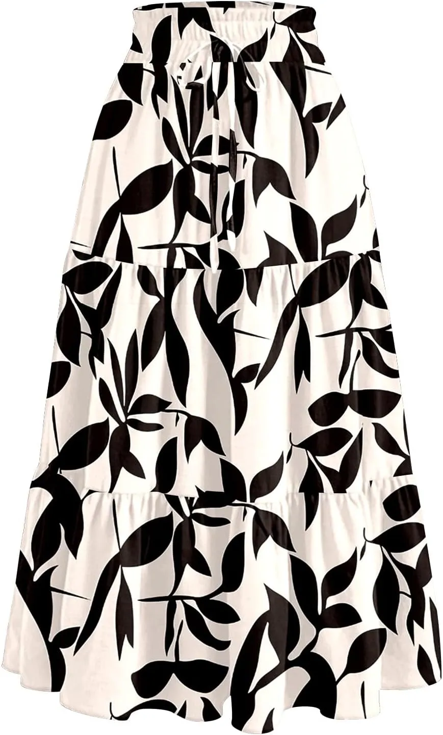 Women High Waisted Boho Floral Flowy Midi Skirt 2025 Trendy Summer Fall Casual Pleated A Line Cute Print Long Skirts
