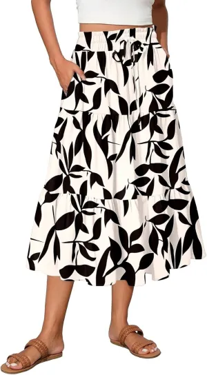 Women High Waisted Boho Floral Flowy Midi Skirt 2025 Trendy Summer Fall Casual Pleated A Line Cute Print Long Skirts