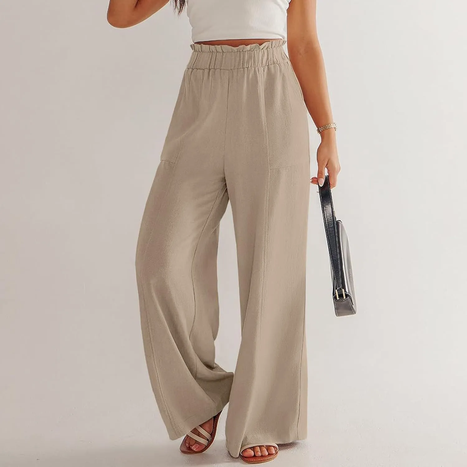 Women High Waisted Cotton Linen Pants Casual Loose Wide Leg Beach Pants Summer Outfits 2024 Trendy