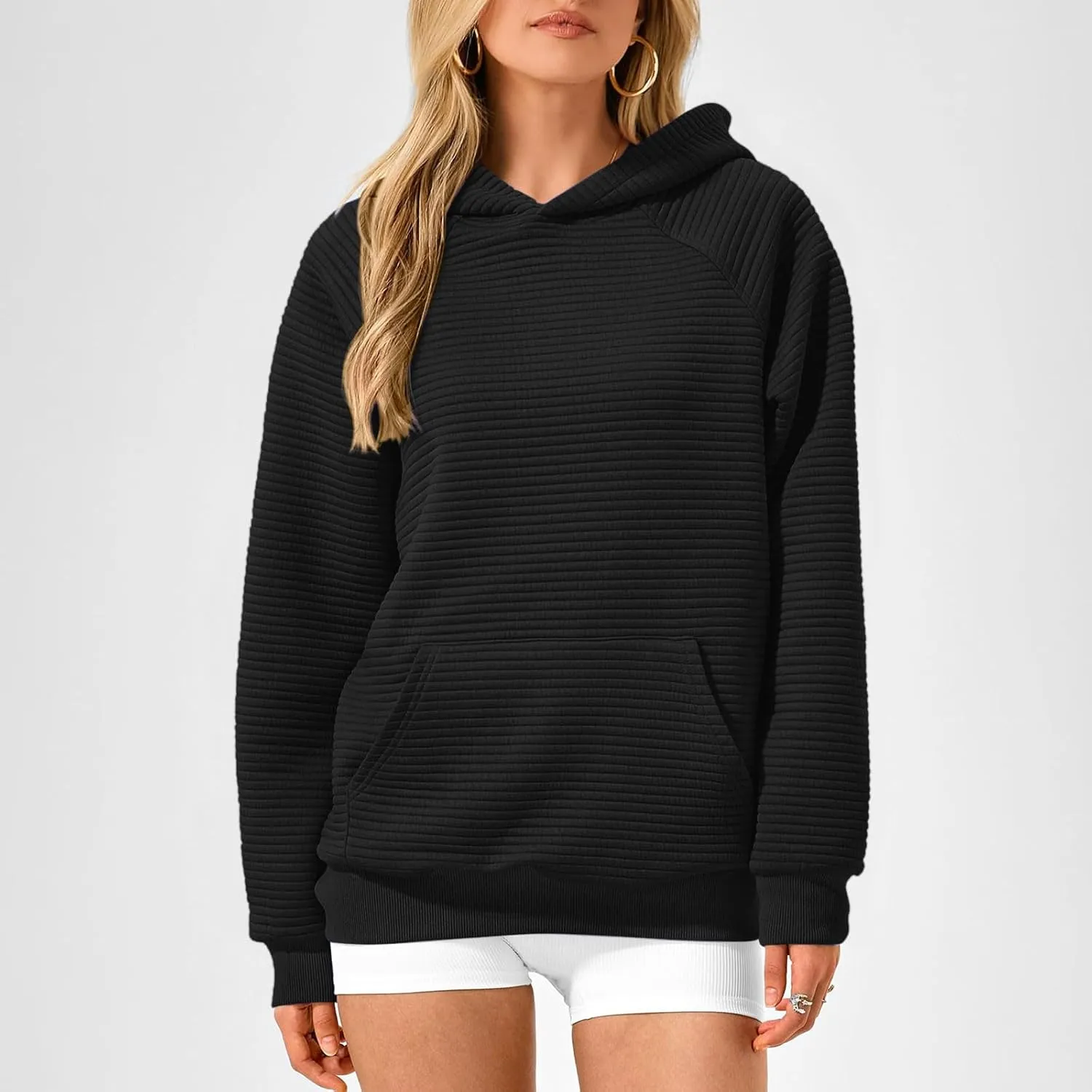 Women Hoodies Casual Hooded Oversized Sweatshirts with Large Pocket Raglan Long Sleeve Loose Solid Pullover Tops