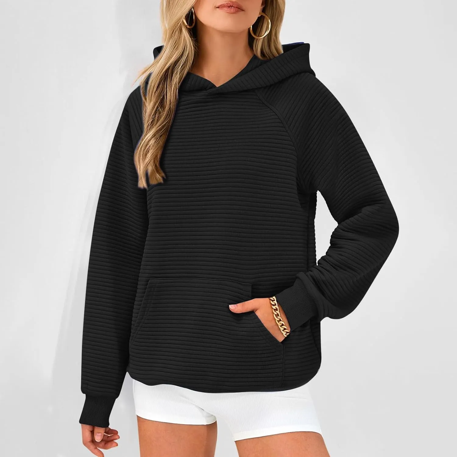 Women Hoodies Casual Hooded Oversized Sweatshirts with Large Pocket Raglan Long Sleeve Loose Solid Pullover Tops