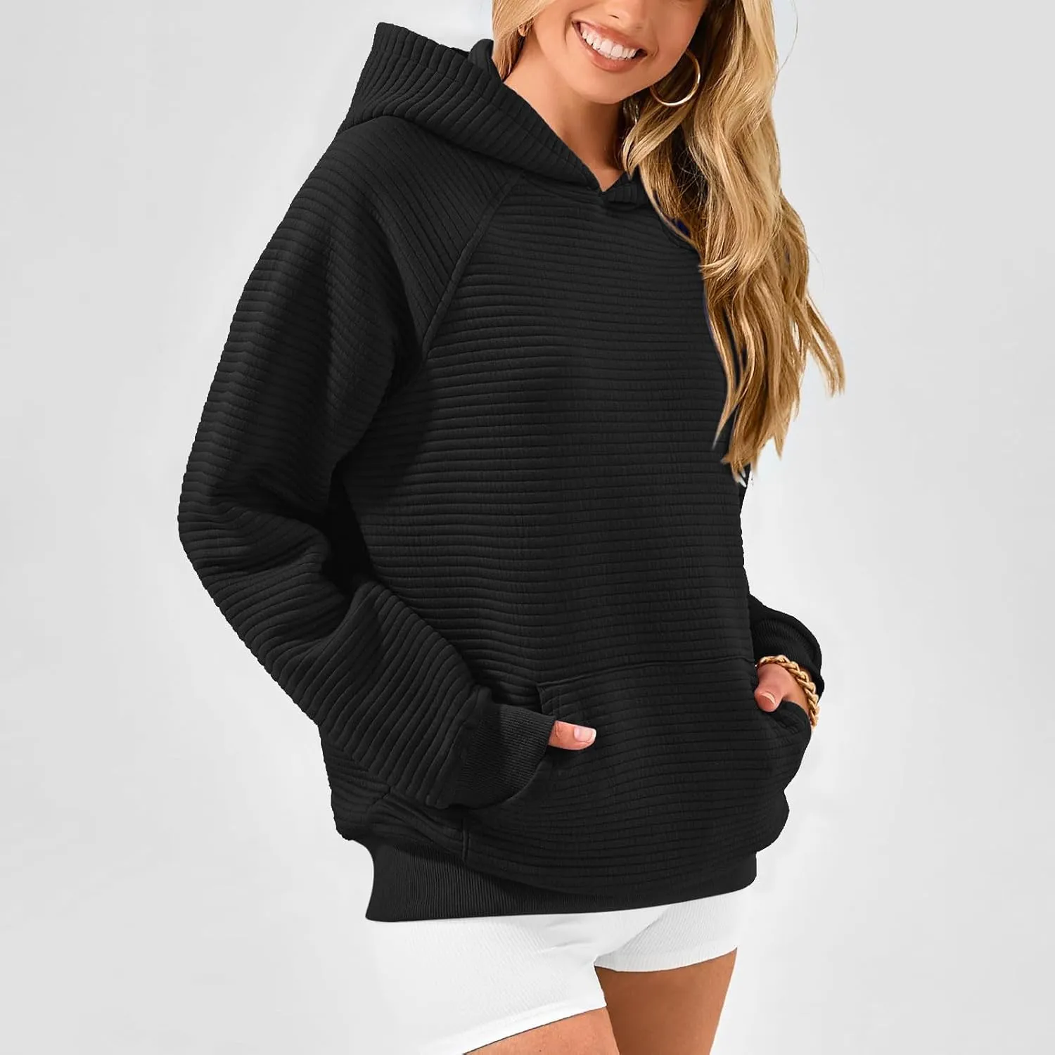 Women Hoodies Casual Hooded Oversized Sweatshirts with Large Pocket Raglan Long Sleeve Loose Solid Pullover Tops
