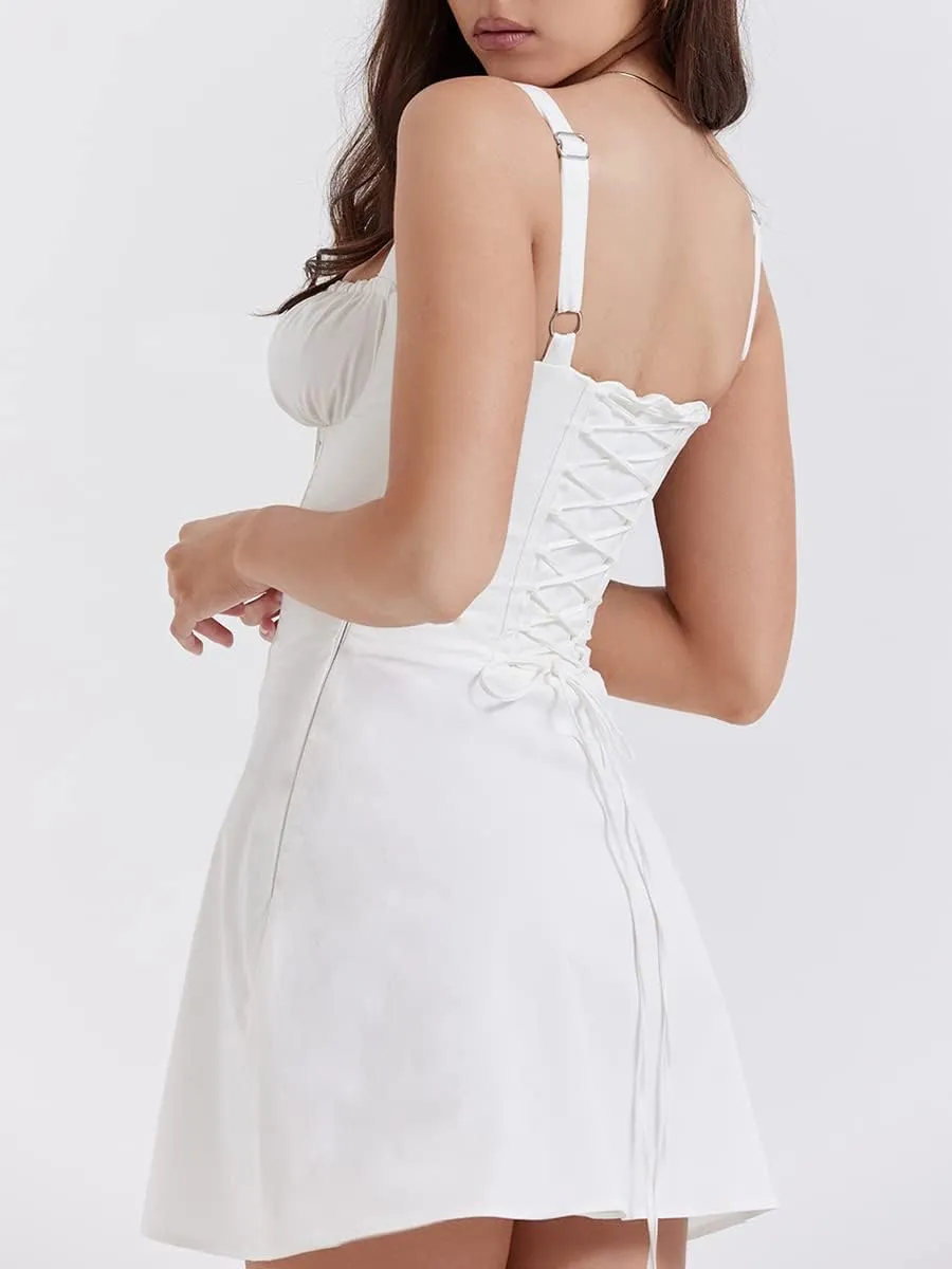 Women Lace Mini Dresses Low Cut Backless Short Dress Spaghetti Strap A Line Bodycon Y2K Party Club Sundress
