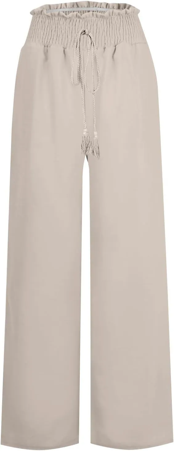 Women Linen Palazzo Pants Summer Boho Wide Leg High Waist Casual Lounge Pant Trousers with Pockets Straight Leg Comfort Pants