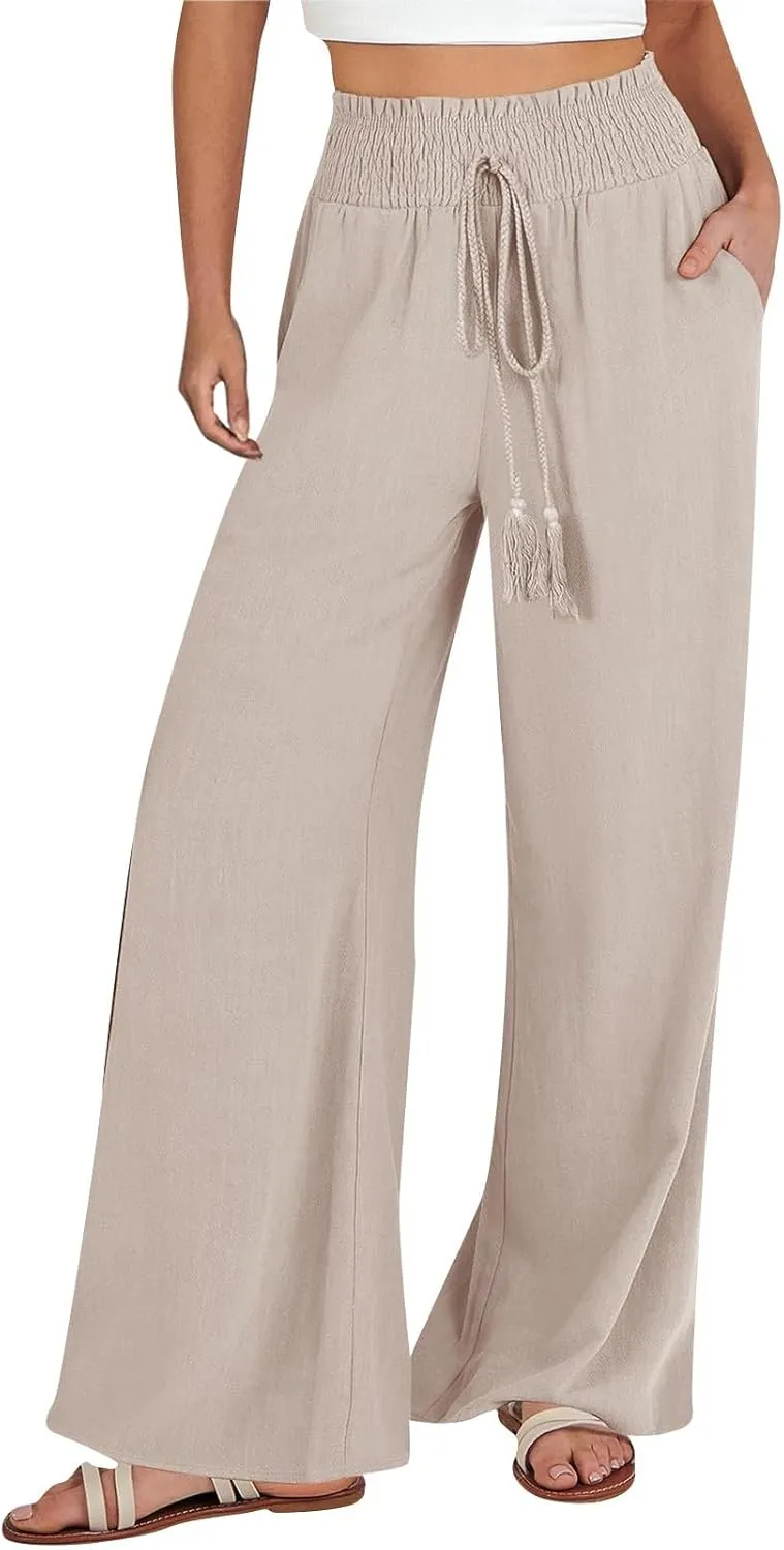 Women Linen Palazzo Pants Summer Boho Wide Leg High Waist Casual Lounge Pant Trousers with Pockets Straight Leg Comfort Pants