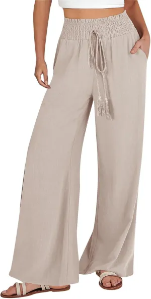 Women Linen Palazzo Pants Summer Boho Wide Leg High Waist Casual Lounge Pant Trousers with Pockets Straight Leg Comfort Pants