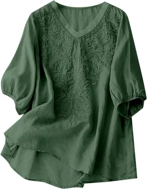 Women Linen Shirts V-Neck Embroidered Blouse Lapel Collar 2025 Fashion Tops Short Sleeve Loose Fit Tunic Tops