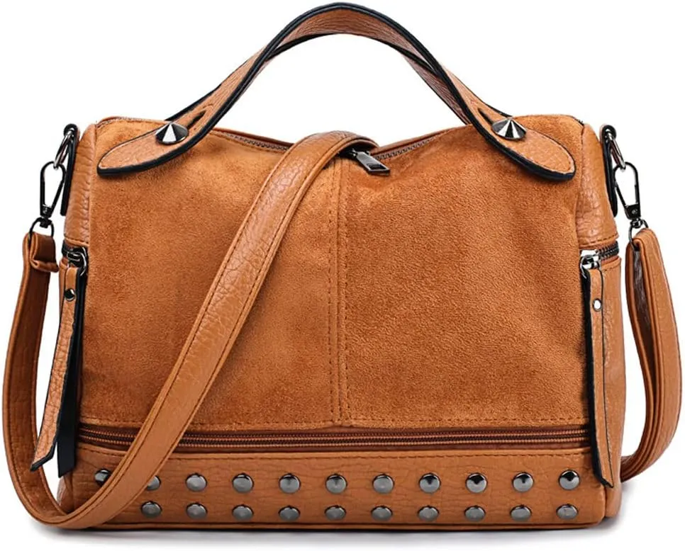 Women Messenger Bag Suede & PU Leather Handbag Rivet Shoulder Bag with Long Shoulder Strap
