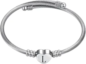 Women Name Initial Letter Bangle Bracelets Silver Alphabet A-Z Bangle Bracelets Birthday Jewelry