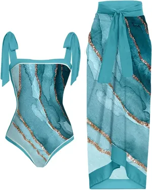Women One Piece Swimsuit with Coverup Wrap Skirt Floral Print Bikini Set Two Piece Bathing Suit Beach Cover Up Sets