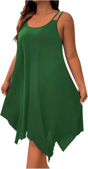 Women Plus Size Midi Dresses Trendy Irregular Hem Sleeveless Crewneck Loose Comfy Tank Dress Summer Beach Sundress