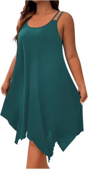Women Plus Size Midi Dresses Trendy Irregular Hem Sleeveless Crewneck Loose Comfy Tank Dress Summer Beach Sundress
