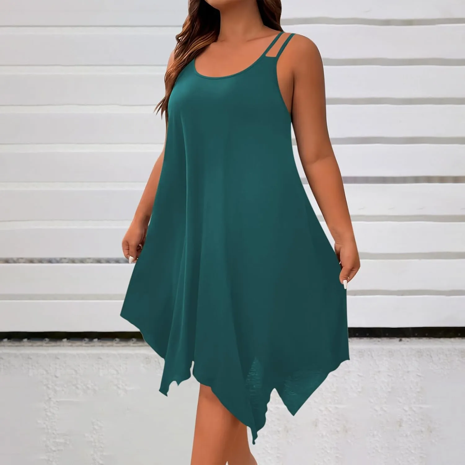 Women Plus Size Midi Dresses Trendy Irregular Hem Sleeveless Crewneck Loose Comfy Tank Dress Summer Beach Sundress