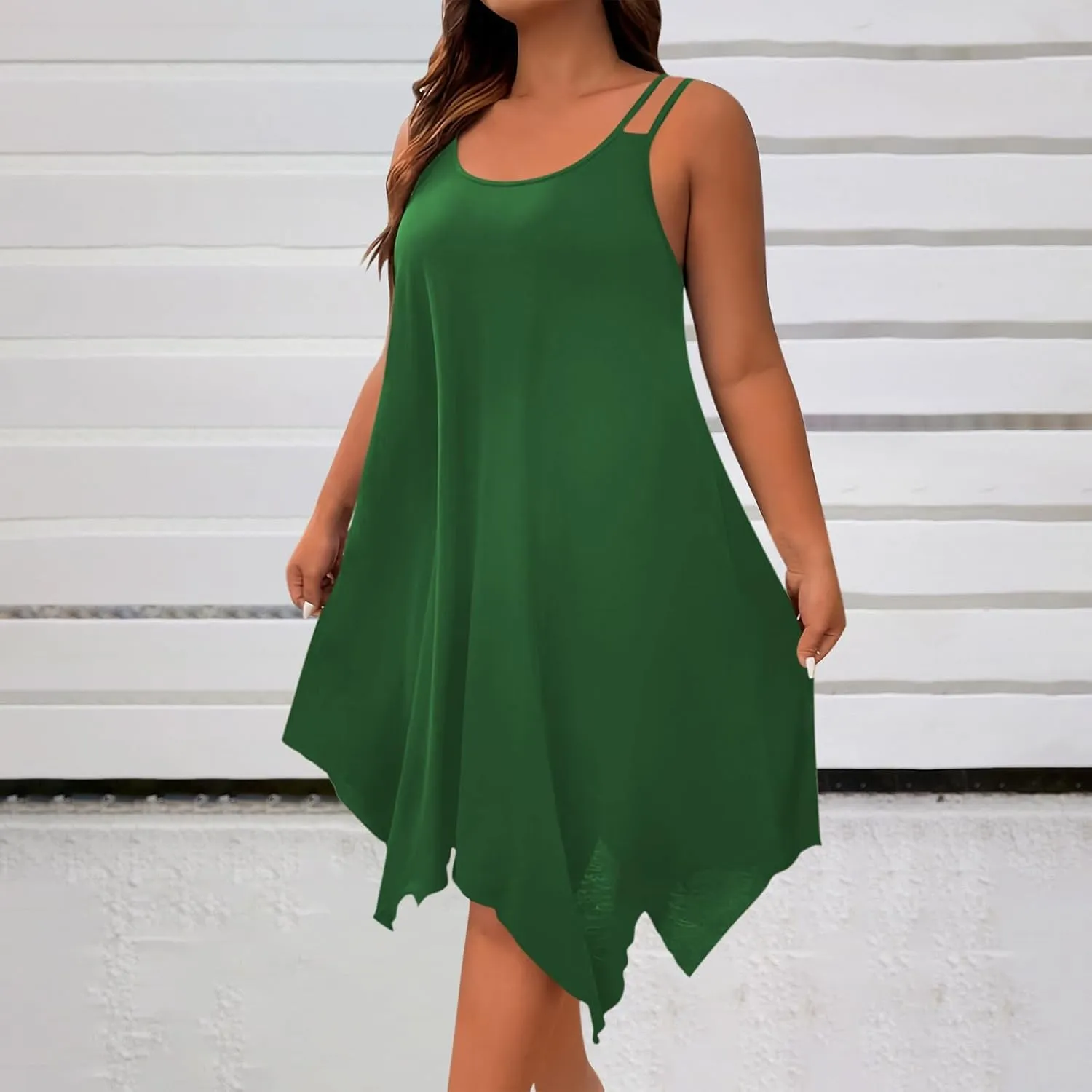 Women Plus Size Midi Dresses Trendy Irregular Hem Sleeveless Crewneck Loose Comfy Tank Dress Summer Beach Sundress