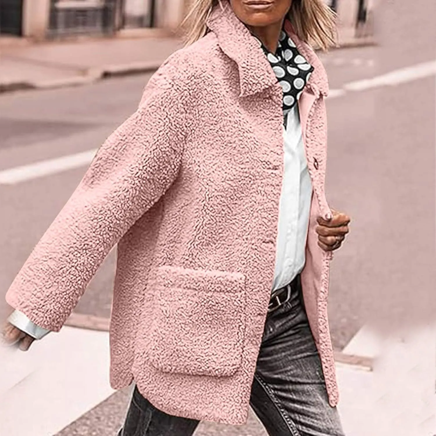 Women Plush Jacket Trendy Solid Color Fleece Winter Warm Coat Long Sleeve Lapel Casual Pockets Outerwear & Jackets