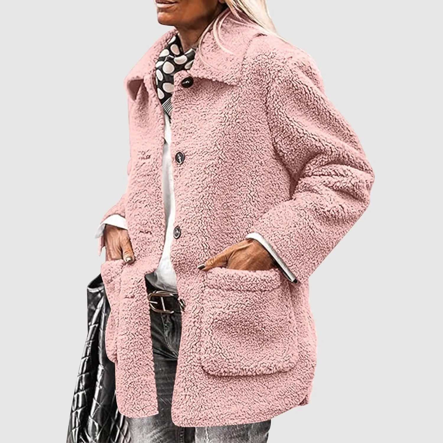 Women Plush Jacket Trendy Solid Color Fleece Winter Warm Coat Long Sleeve Lapel Casual Pockets Outerwear & Jackets