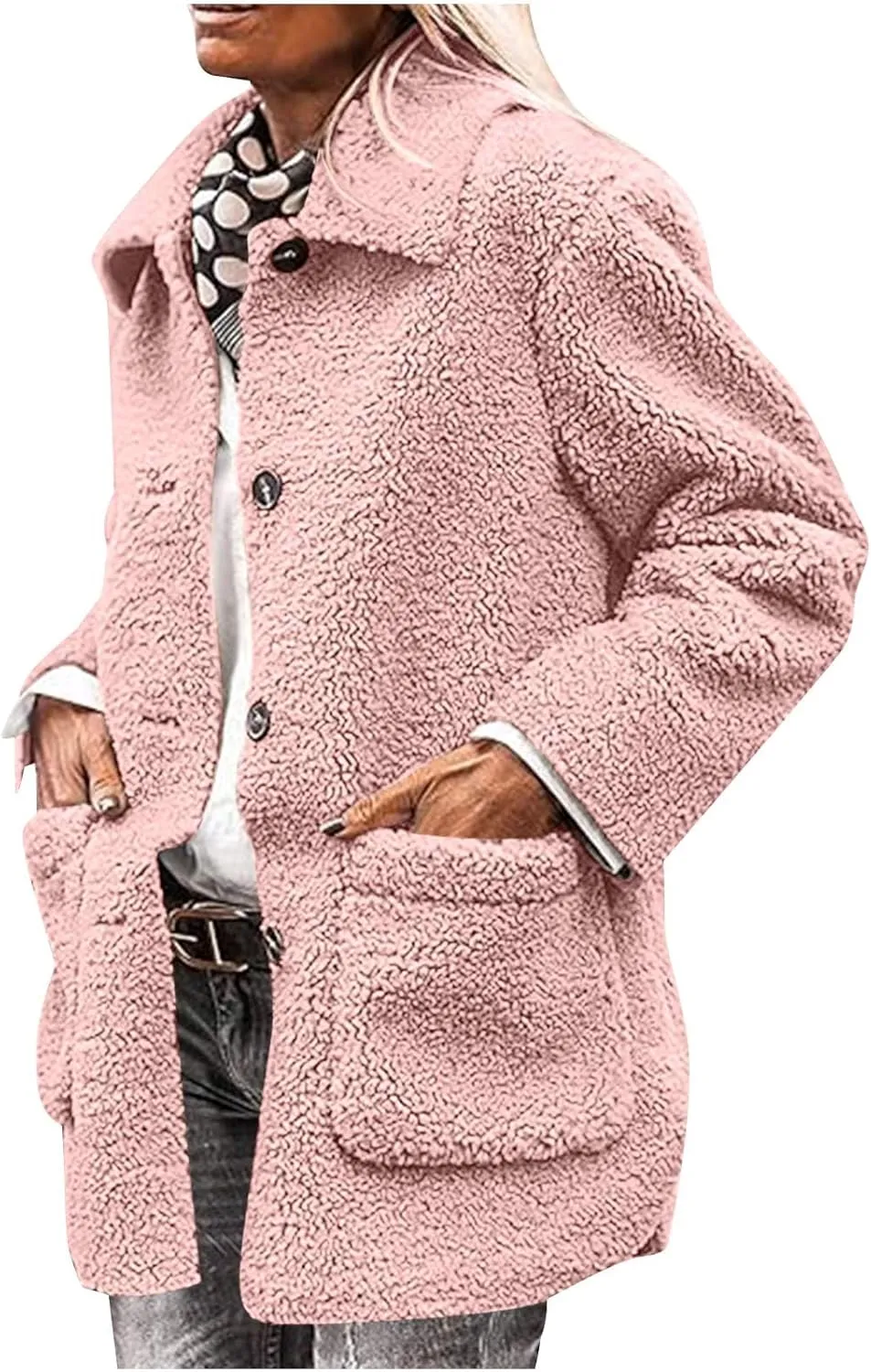 Women Plush Jacket Trendy Solid Color Fleece Winter Warm Coat Long Sleeve Lapel Casual Pockets Outerwear & Jackets