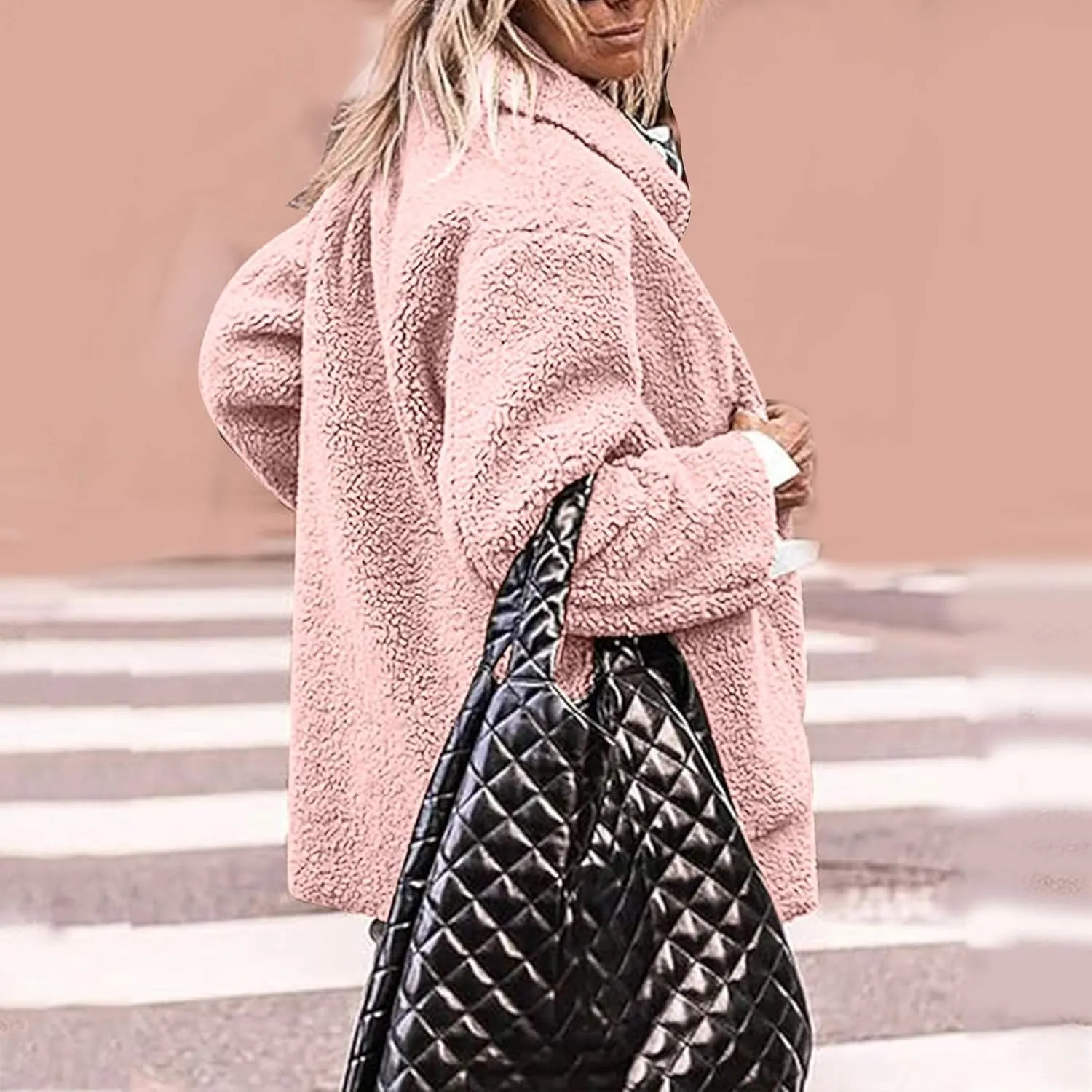 Women Plush Jacket Trendy Solid Color Fleece Winter Warm Coat Long Sleeve Lapel Casual Pockets Outerwear & Jackets
