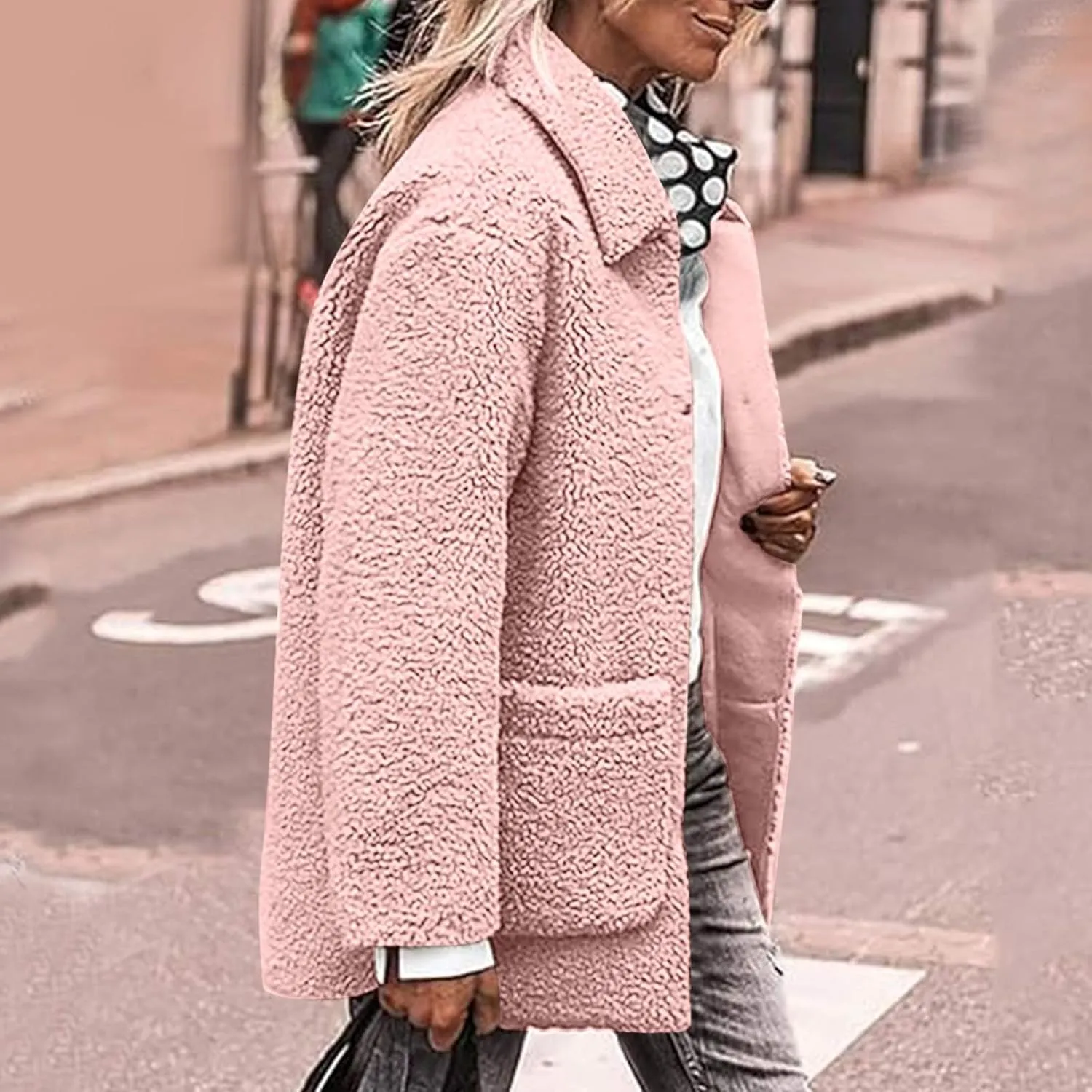 Women Plush Jacket Trendy Solid Color Fleece Winter Warm Coat Long Sleeve Lapel Casual Pockets Outerwear & Jackets