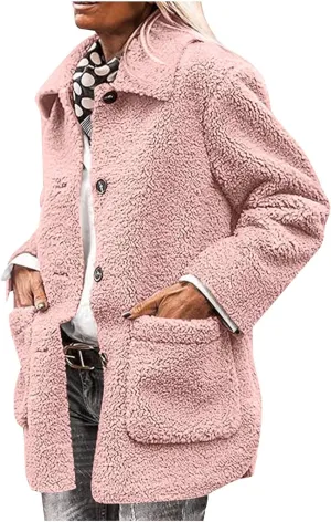 Women Plush Jacket Trendy Solid Color Fleece Winter Warm Coat Long Sleeve Lapel Casual Pockets Outerwear & Jackets