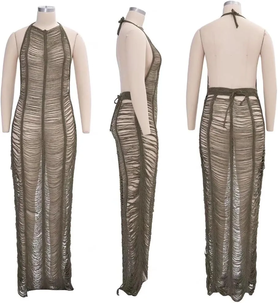 Women Sexy Halter Sleeveless Mesh See Through Crochet Maxi Long Dress Backless Knitted Beach Bikini Swimsuit Cover Ups