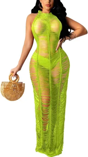 Women Sexy Halter Sleeveless Mesh See Through Crochet Maxi Long Dress Backless Knitted Beach Bikini Swimsuit Cover Ups