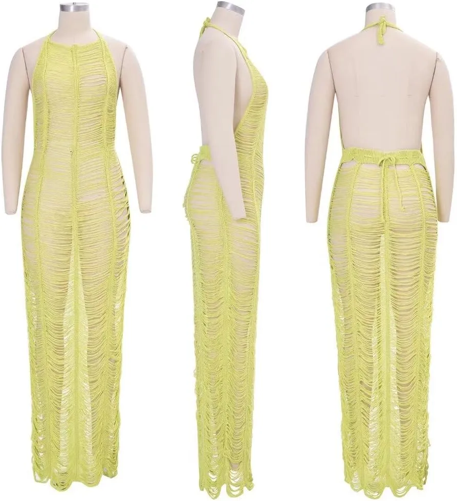 Women Sexy Halter Sleeveless Mesh See Through Crochet Maxi Long Dress Backless Knitted Beach Bikini Swimsuit Cover Ups