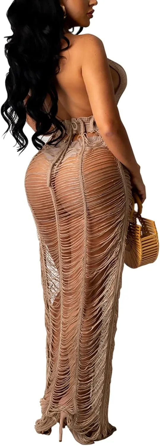 Women Sexy Halter Sleeveless Mesh See Through Crochet Maxi Long Dress Backless Knitted Beach Bikini Swimsuit Cover Ups