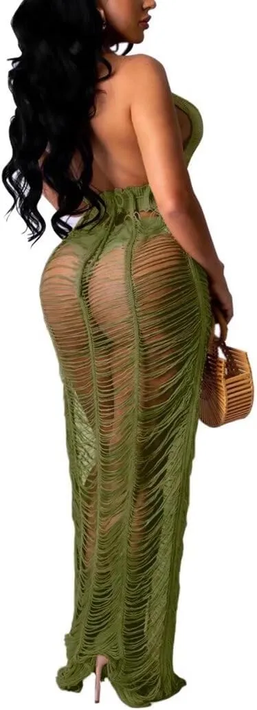 Women Sexy Halter Sleeveless Mesh See Through Crochet Maxi Long Dress Backless Knitted Beach Bikini Swimsuit Cover Ups