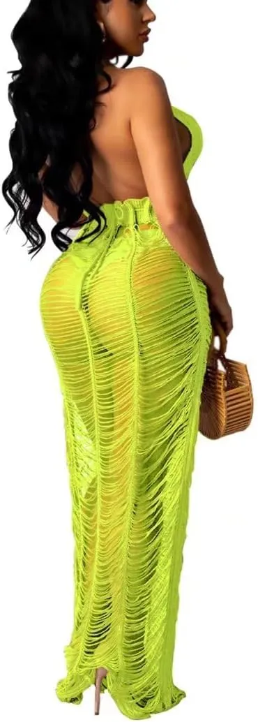 Women Sexy Halter Sleeveless Mesh See Through Crochet Maxi Long Dress Backless Knitted Beach Bikini Swimsuit Cover Ups