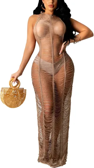 Women Sexy Halter Sleeveless Mesh See Through Crochet Maxi Long Dress Backless Knitted Beach Bikini Swimsuit Cover Ups