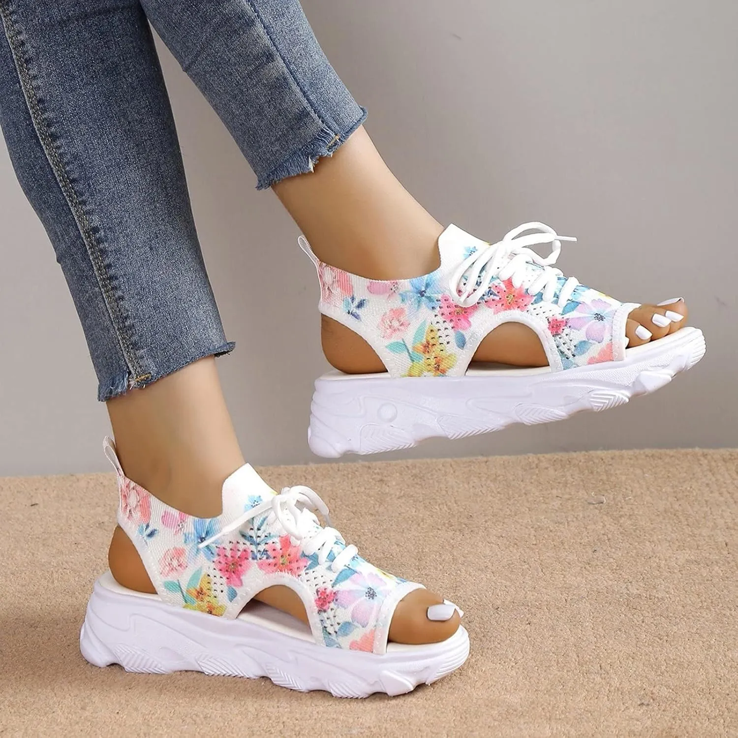 Women Shoes Thick Soled Sandals Fashion Lace Up Fish Mouth Casual Sturdy Water Sandals Women