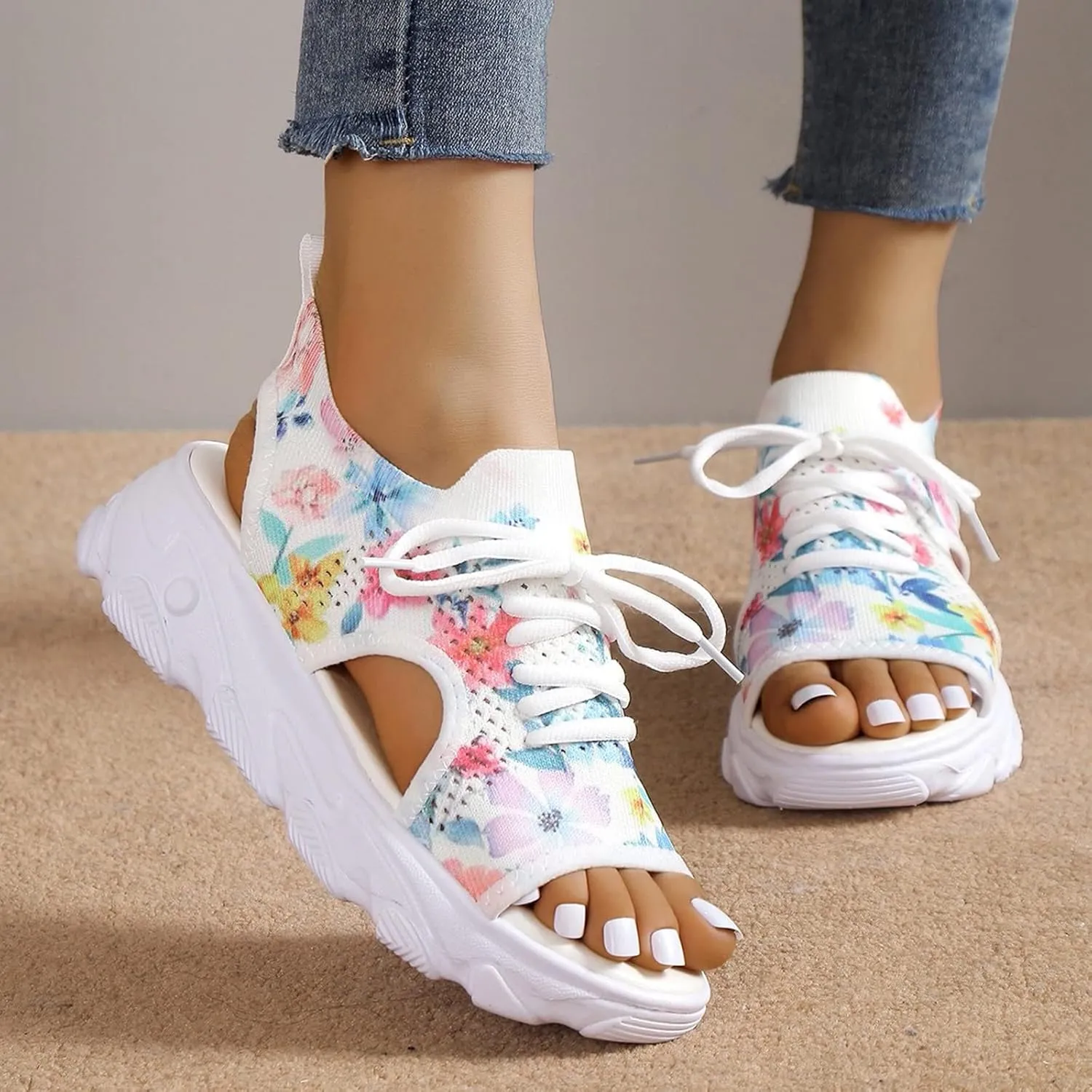 Women Shoes Thick Soled Sandals Fashion Lace Up Fish Mouth Casual Sturdy Water Sandals Women