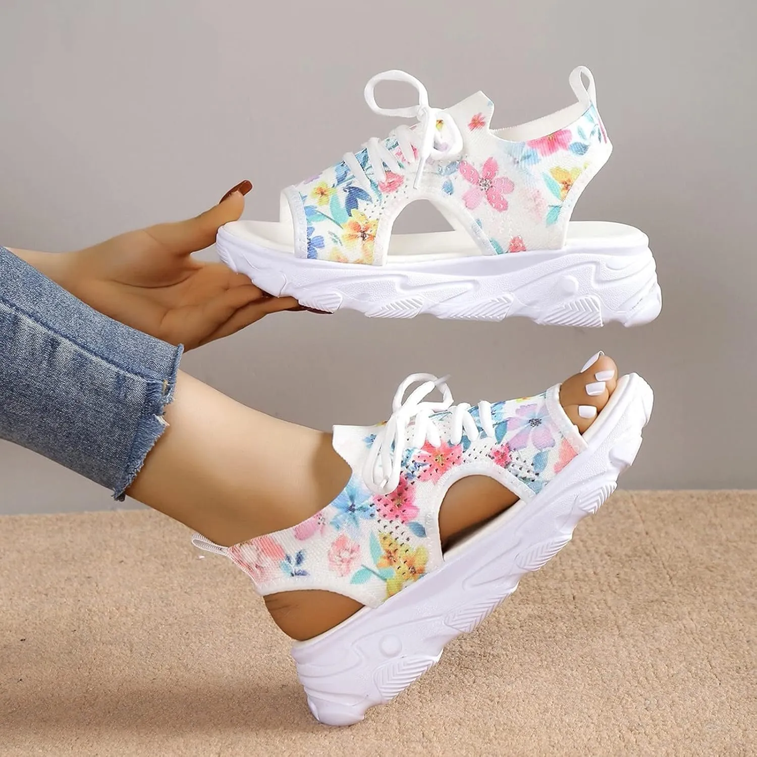 Women Shoes Thick Soled Sandals Fashion Lace Up Fish Mouth Casual Sturdy Water Sandals Women