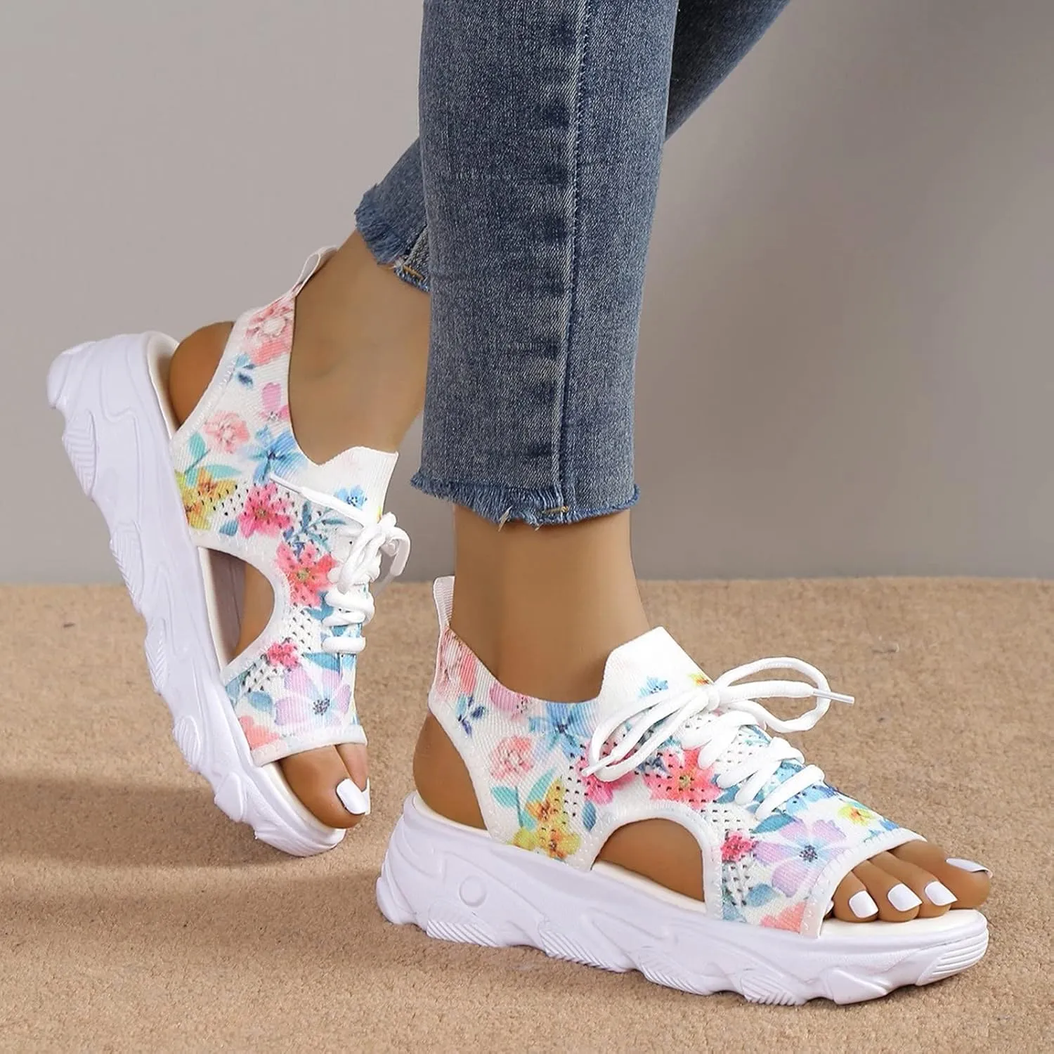Women Shoes Thick Soled Sandals Fashion Lace Up Fish Mouth Casual Sturdy Water Sandals Women