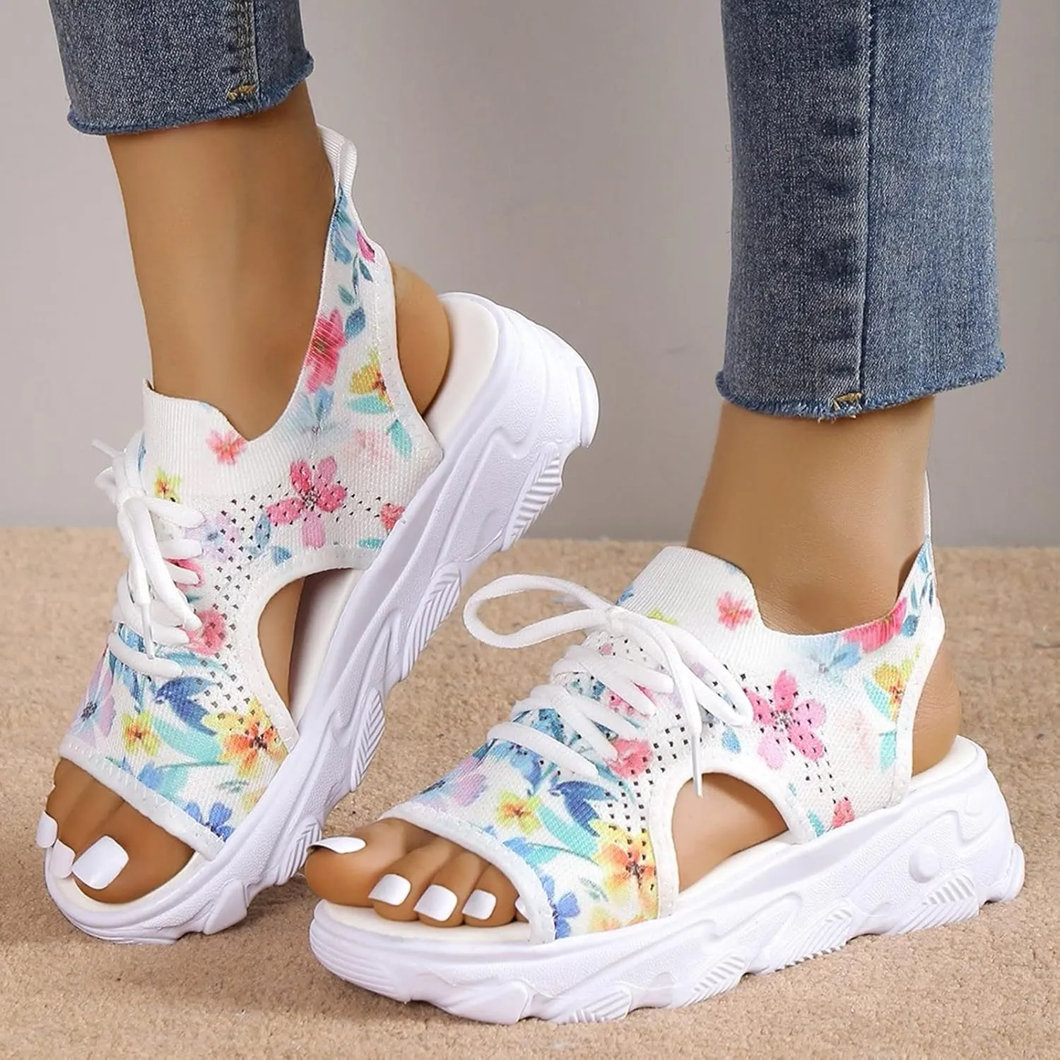 Women Shoes Thick Soled Sandals Fashion Lace Up Fish Mouth Casual Sturdy Water Sandals Women
