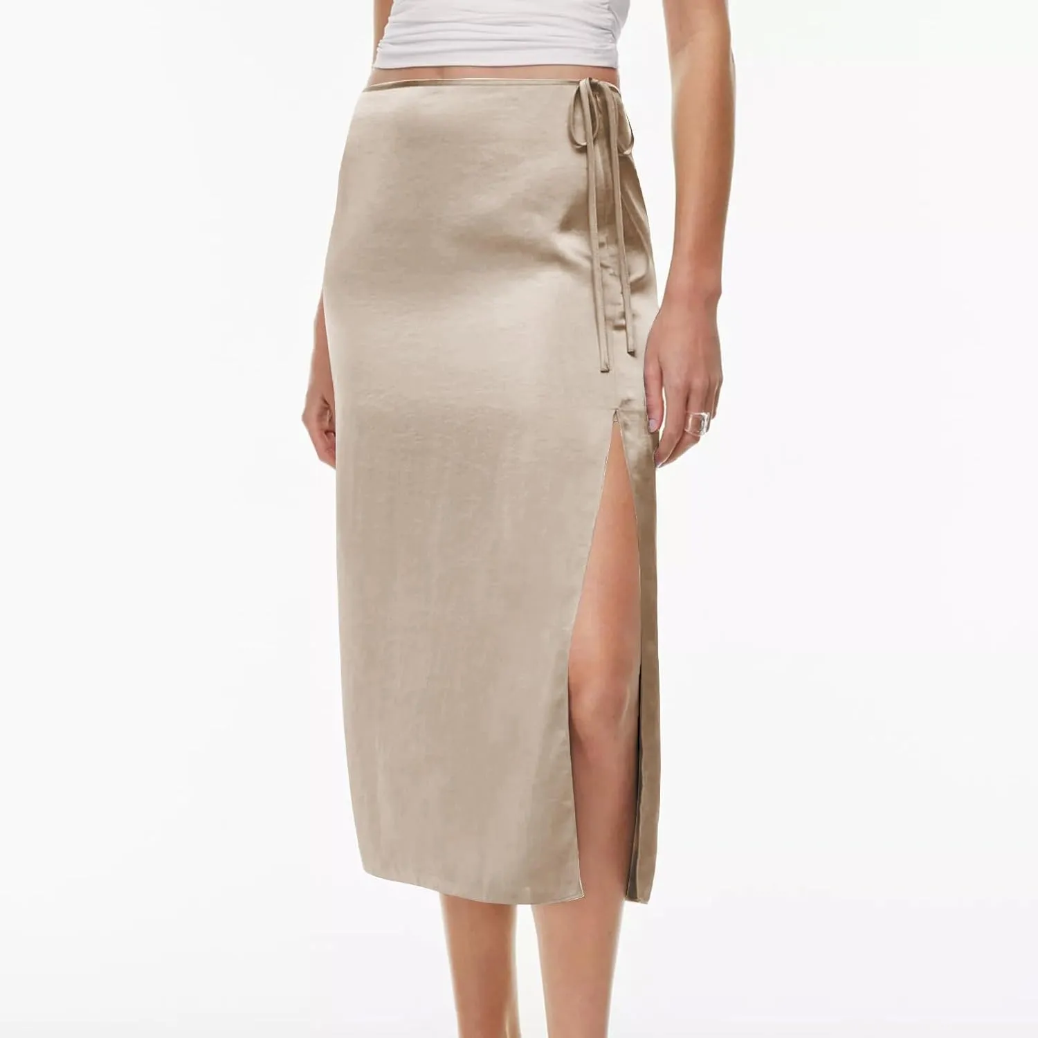Women Split Slit Thigh Long Skirts High Waisted Midi Skirts Tie Up Solid Casual Sexy Elegant Soft Skirt 2025