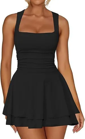 Women Square Neck Bodycon Mini Dress Ruffle Hem Ruched Waist Short Party Club Dresses Cocktail Dress Slim Party Dress